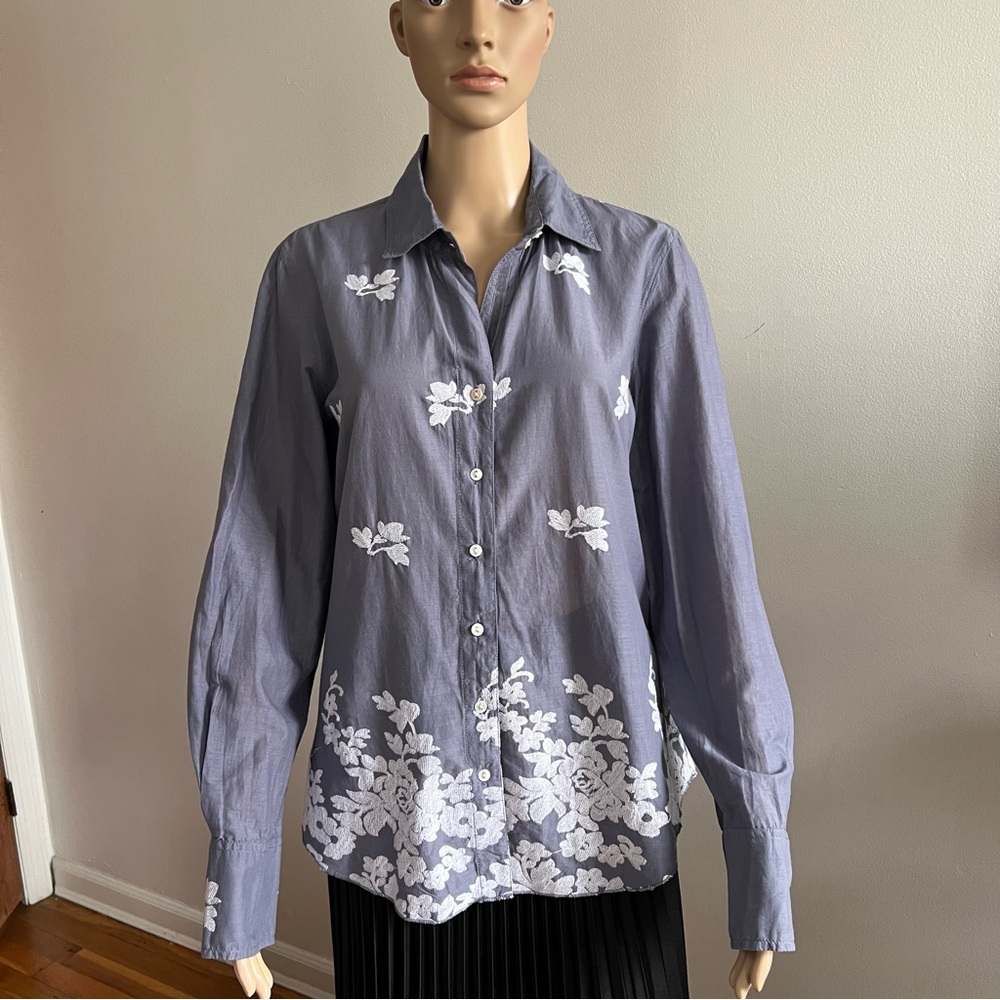 CINO Embroidery Blue White Button Down Boho Shirt Size S